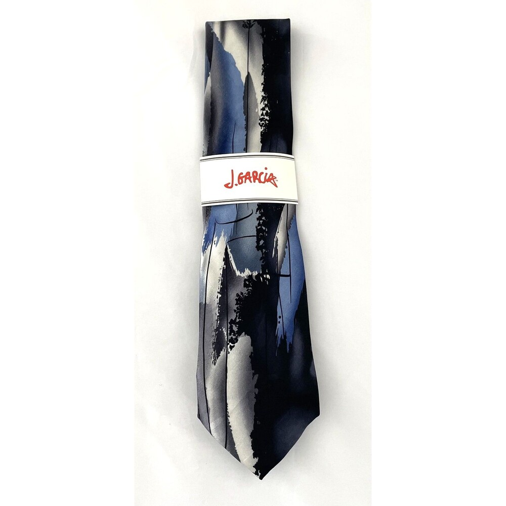 NWT J. Garcia Rhino & Puppy Abstract Wide 100% Silk Necktie Blue Black